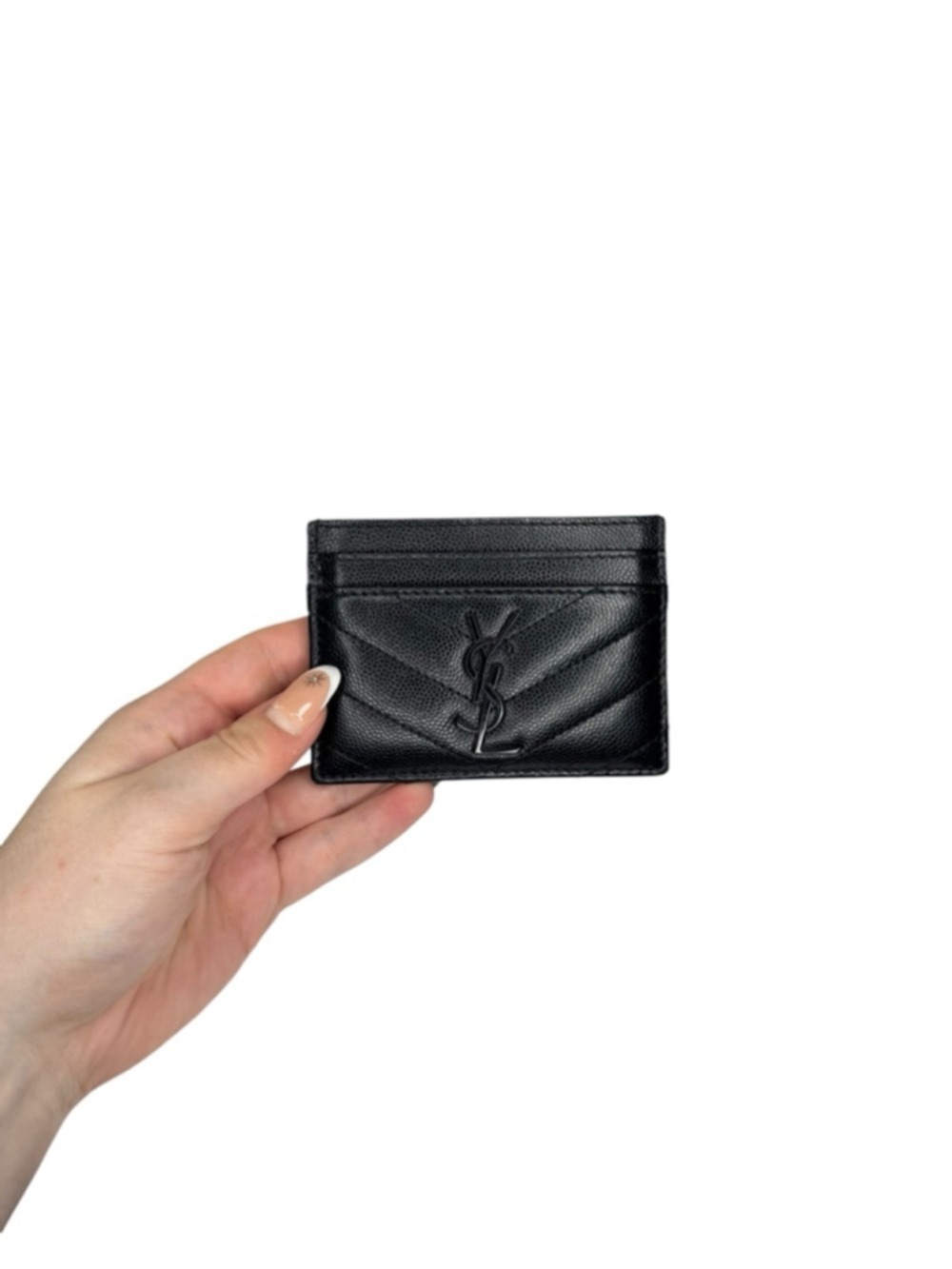Saint Laurent YSL Monogram Card Case in Grained Leather, Black